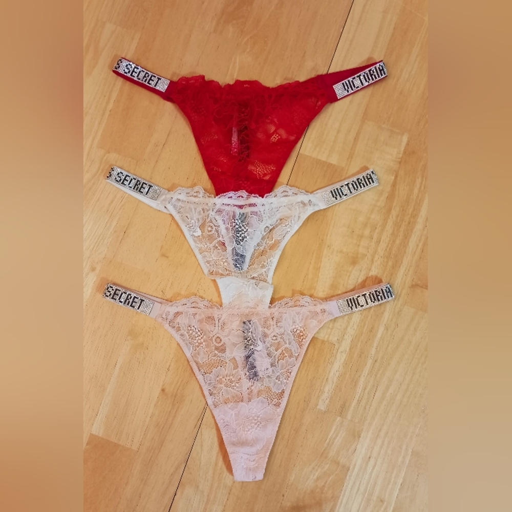 NWT Victoria's Secret Embellished Bling Shine strap Thong Lace Panty Lot 3 Large